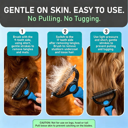 Pet Grooming Rake - Double-Sided Deshedding Dematting Undercoat Tool, Extra-Wide Fur Grooming Brush for Long-Haired Dogs & Cats, Reduces Shedding 95%
