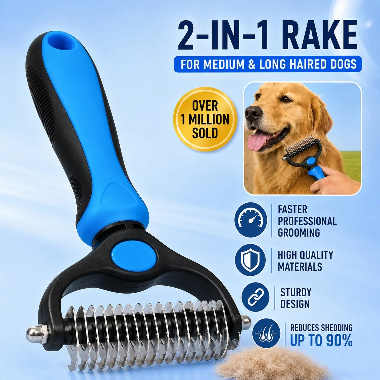 Pet Grooming Rake - Double-Sided Deshedding Dematting Undercoat Tool, Extra-Wide Fur Grooming Brush for Long-Haired Dogs & Cats, Reduces Shedding 95%