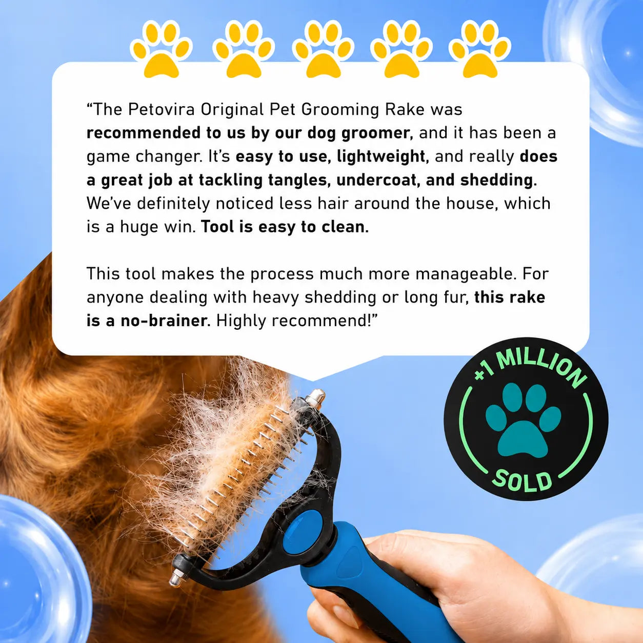 Pet Grooming Rake - Double-Sided Deshedding Dematting Undercoat Tool, Extra-Wide Fur Grooming Brush for Long-Haired Dogs & Cats, Reduces Shedding 95%